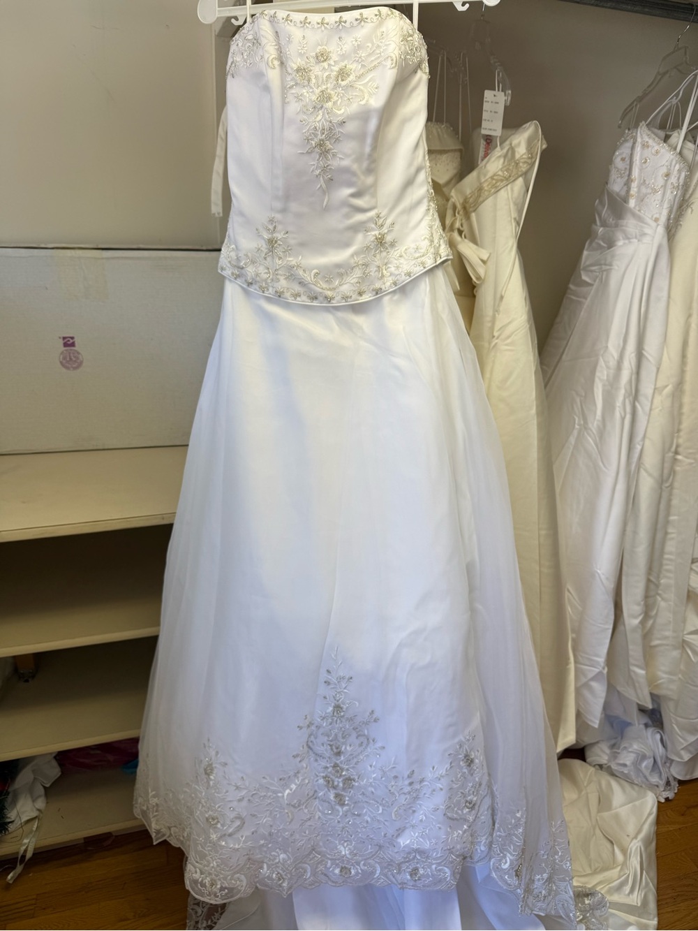 DaVinci Strapless White Satin Bridal Gown with Gold Embroidery - Picture 2 of 4